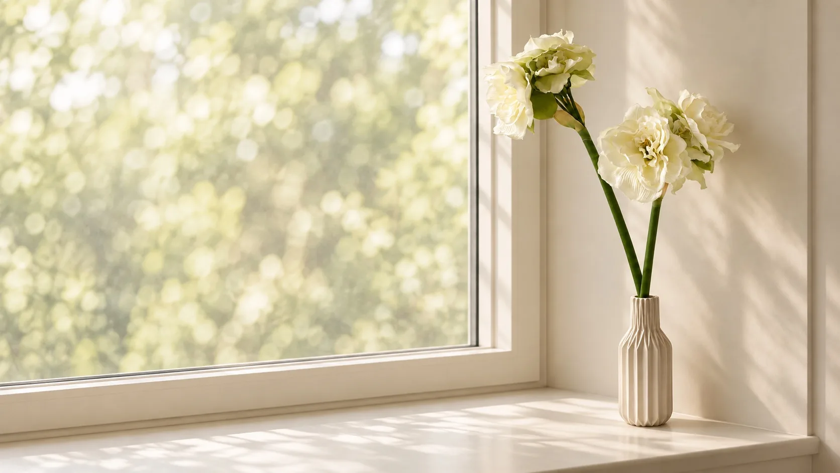 White flowers on the salon windowsill